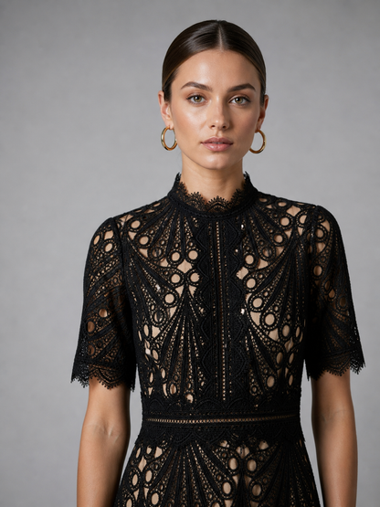 Women’s Lace Midi Dress – High Neck Elegant A-Line Silhouette