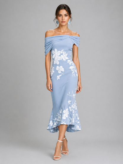 Women’s Off-Shoulder Floral Midi Dress – Draped Elegant Fit