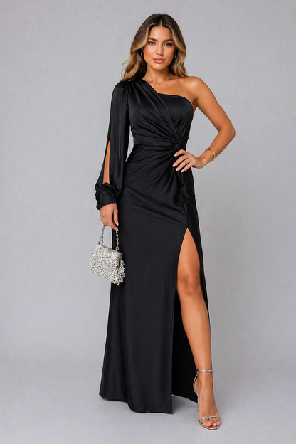 Women’s One-Shoulder Satin Feel Maxi Dress – Draped Elegant Silhouette