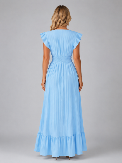 Women’s Pleated Maxi Dress with Flutter Sleeves – Flowing Elegant Style