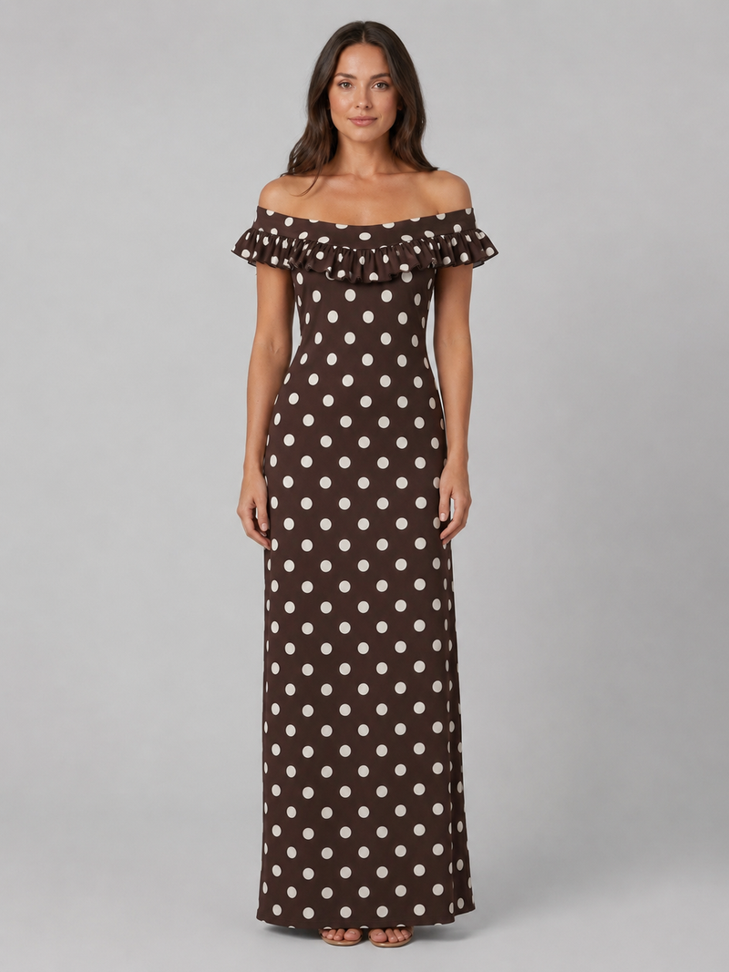 Women’s Polka Dot Maxi Dress – Off-Shoulder Ruffle Neckline