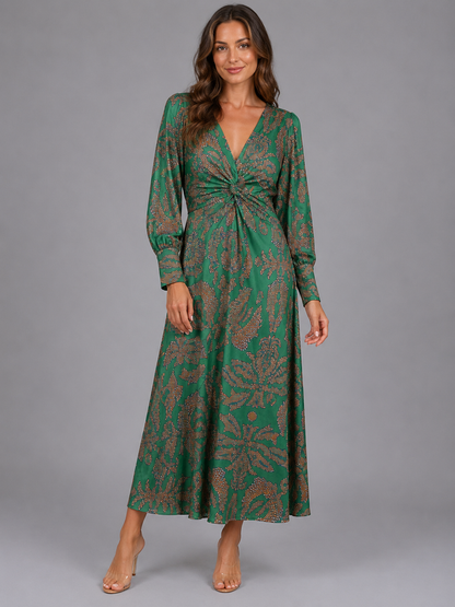 Women’s Printed V-Neck Midi Dress – Wedding Guest Occasion