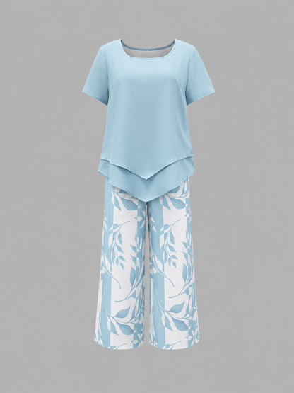 Women's Relaxed Two-Piece Set – Layered Top & Wide Leg Trousers