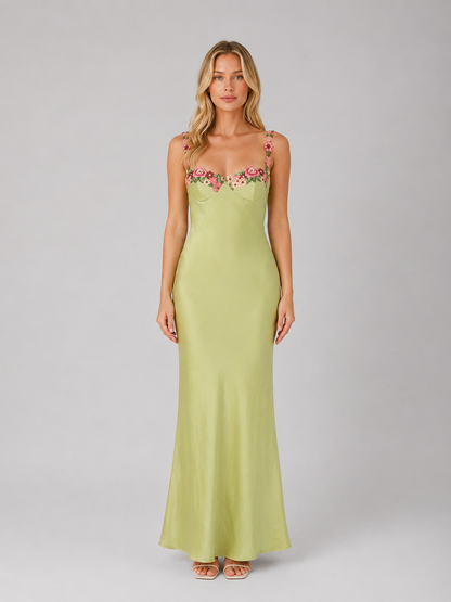 Women's Satin Feel Floral Embroidered Maxi Dress – Sculpted Fit