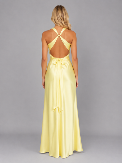 Women’s Satin Feel Halter Neck Maxi Dress – Ruched Evening Gown
