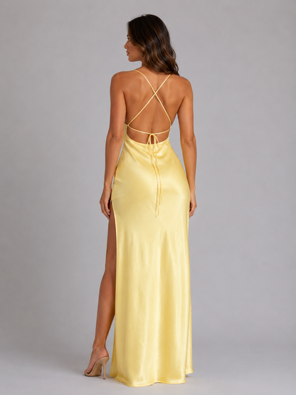 Women’s Satin Feel High Split Maxi Dress – Elegant Occasion Gown