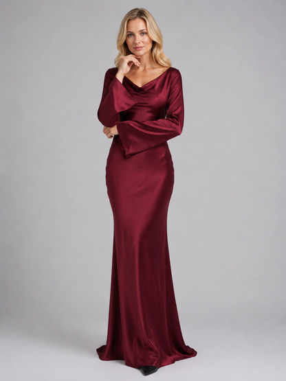 Women’s Satin Feel Long Sleeve Maxi Dress – Elegant Occasion Style