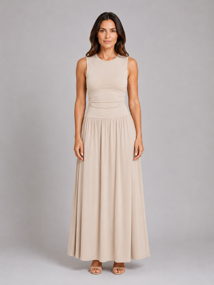 Women's Sleeveless Maxi Dress with Pockets – Ruched Waist Style