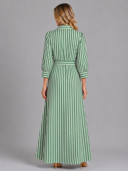 Women's Striped Belted Shirt Maxi Dress – Long Sleeve Button Front