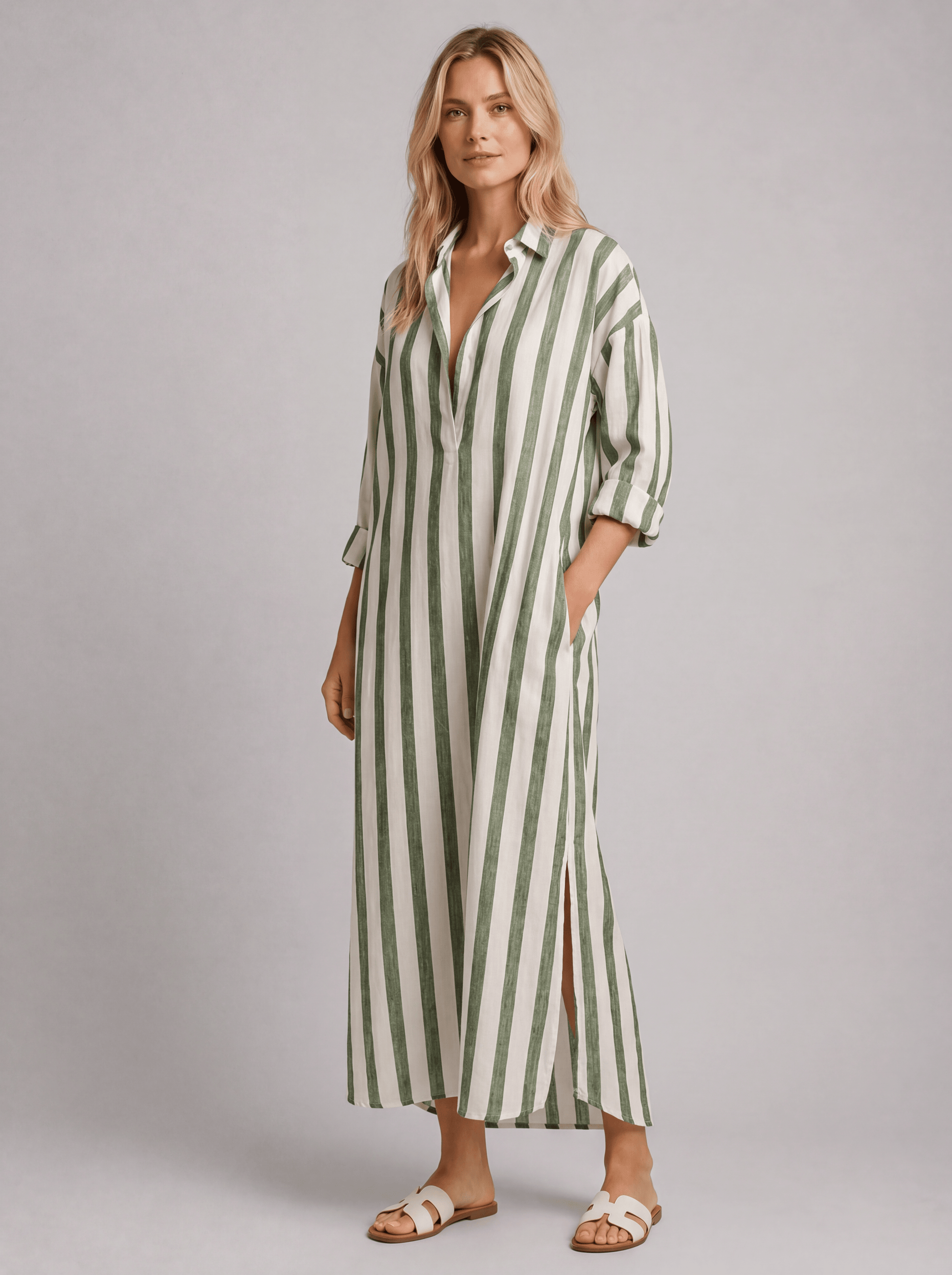 Women’s Striped Shirt Dress with Pockets – Long Relaxed Fit
