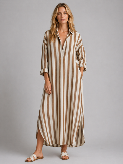 Women’s Striped Shirt Dress with Pockets – Long Relaxed Fit
