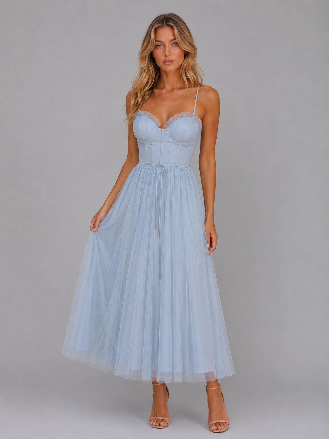 Women's Tulle Corset Midi Dress – Tie Waist & Sculpted Silhouette