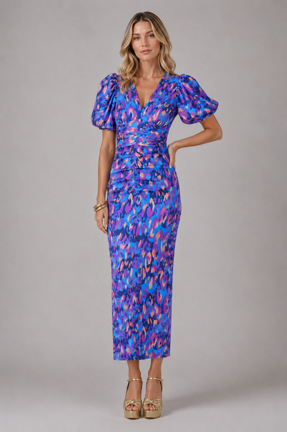 Women’s V-Neck Puff Sleeve Midi Dress –  Summer Occasion Style