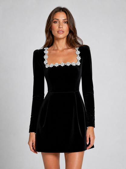 Women’s Velvet Crystal Neckline Mini Dress – Elegant Evening Silhouette