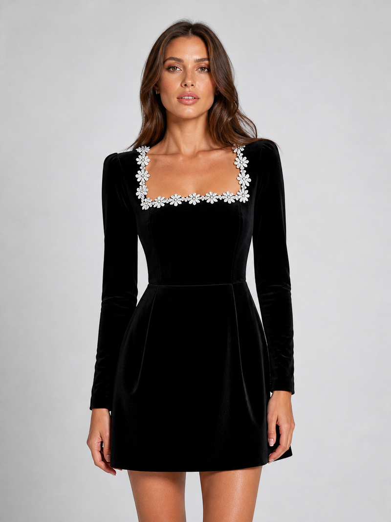 Women’s Velvet Crystal Neckline Mini Dress – Elegant Evening Silhouette