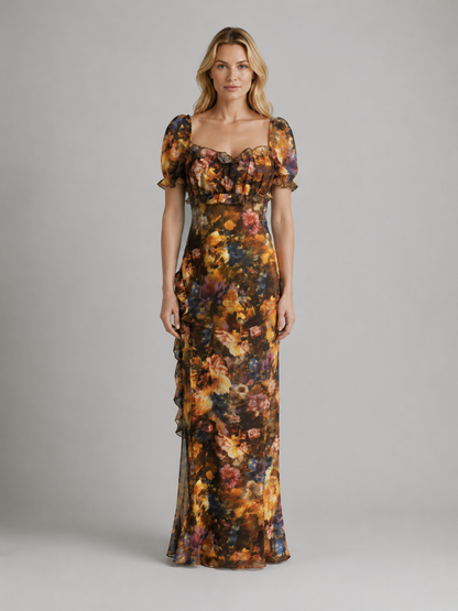 Women's Vintage Floral Mesh Maxi Dress – Ruched Slit Silhouette