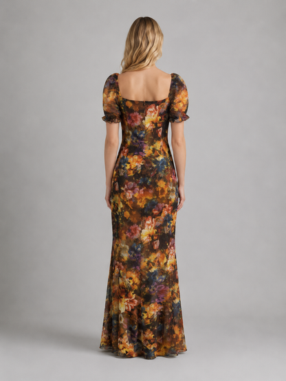 Women's Vintage Floral Mesh Maxi Dress – Ruched Slit Silhouette
