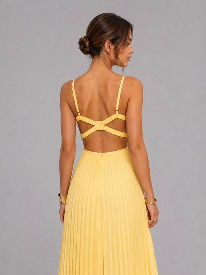 Women’s Yellow Satin Feel Pleated Maxi Dress – Elegant Occasion Style