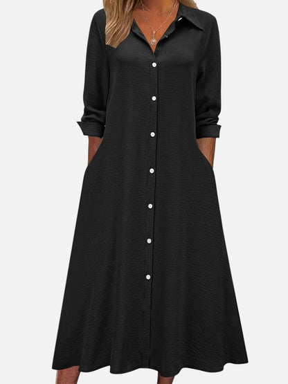 Women’s Button Front Midi Shirt Dress – Relaxed Flattering Fit