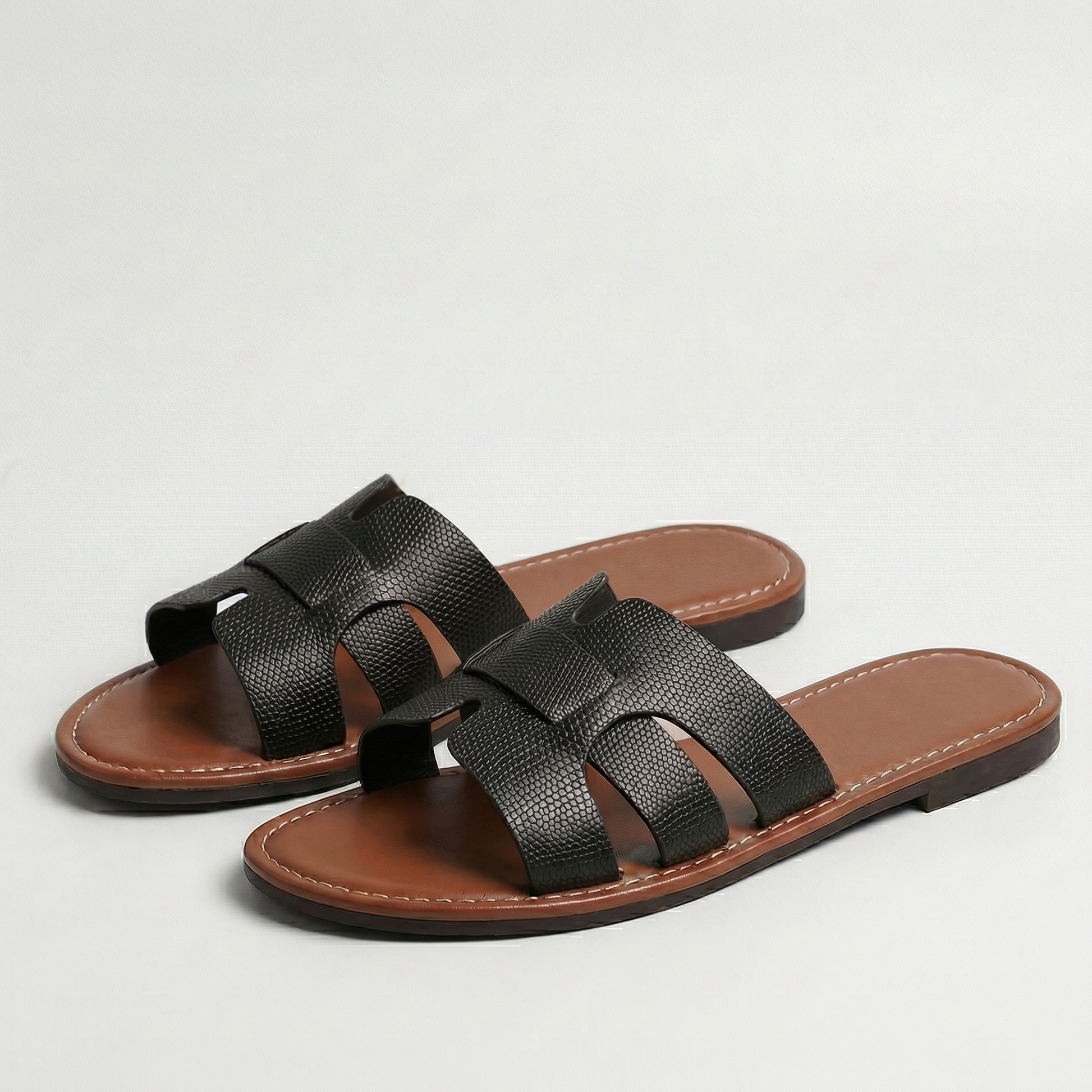 Women’s Flat Slide Sandals – Leather Look Elegance
