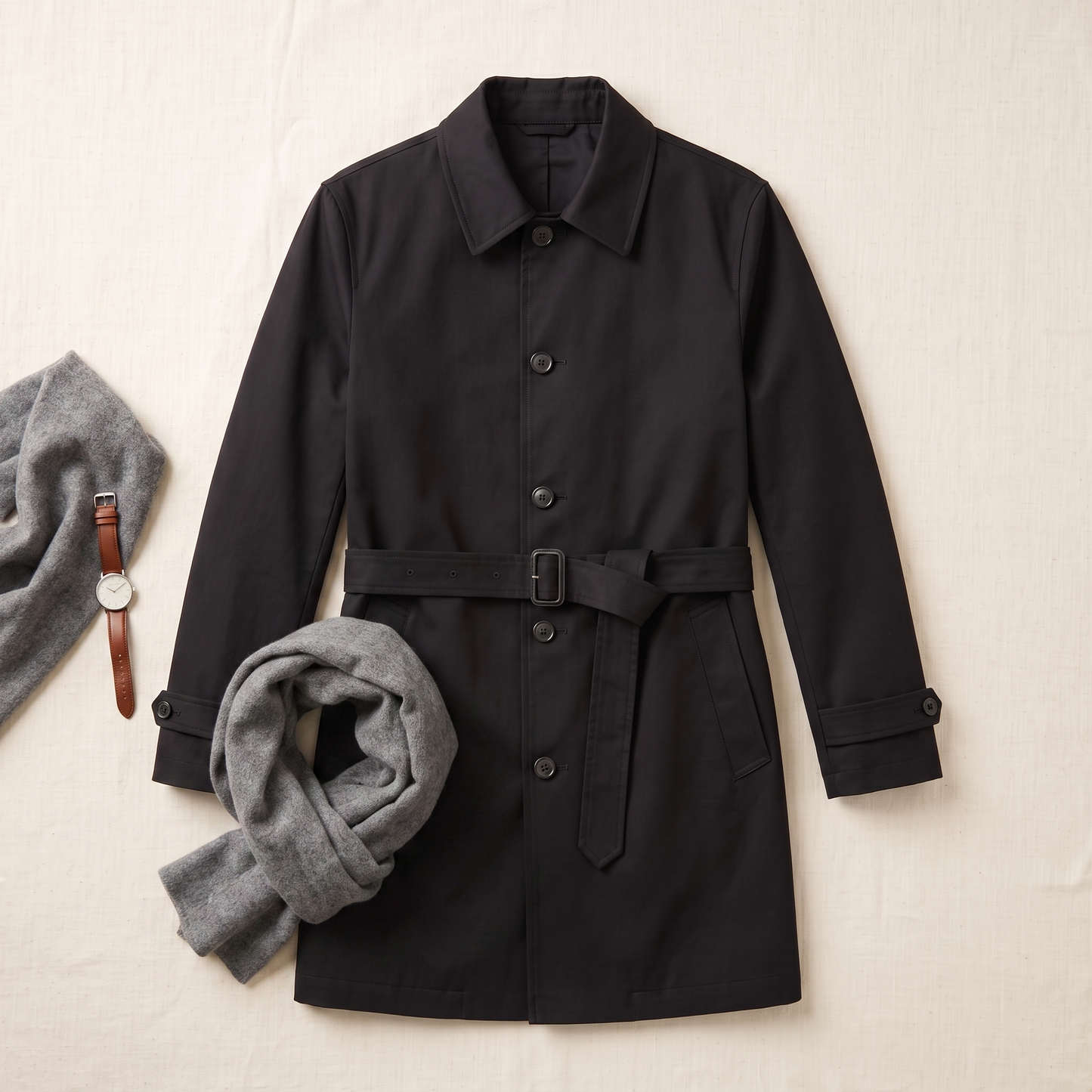 Sterling Trench Coat - styled flat lay