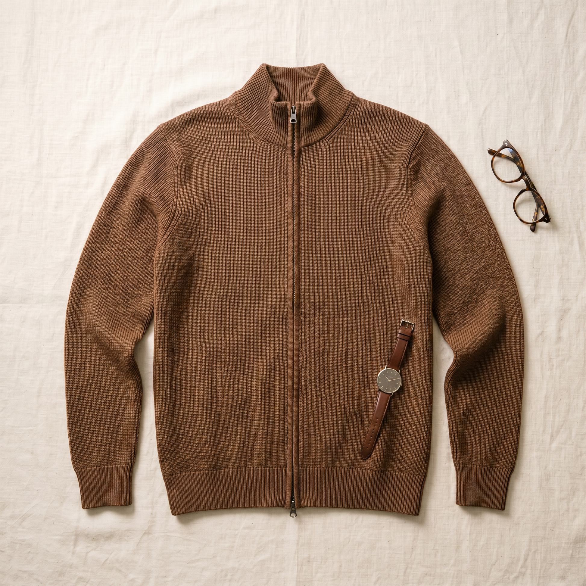 Camden Zip-Up Knit - styled flat lay