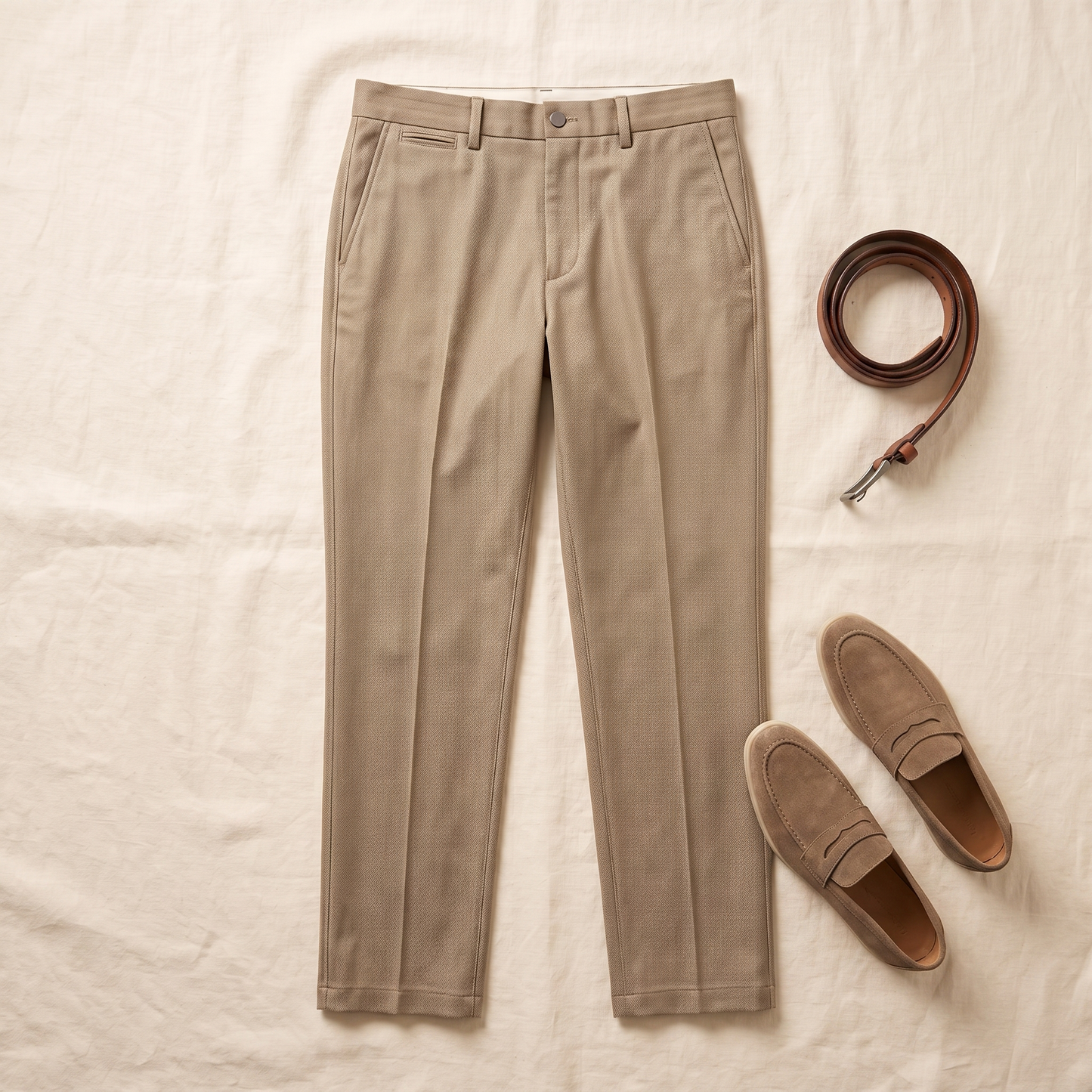 Harrow Herringbone Wool Trousers - styled flat lay