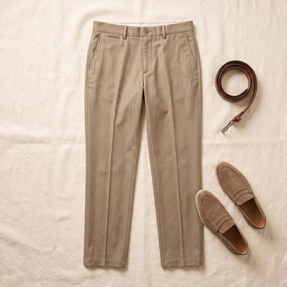 Harrow Herringbone Wool Trousers - styled flat lay