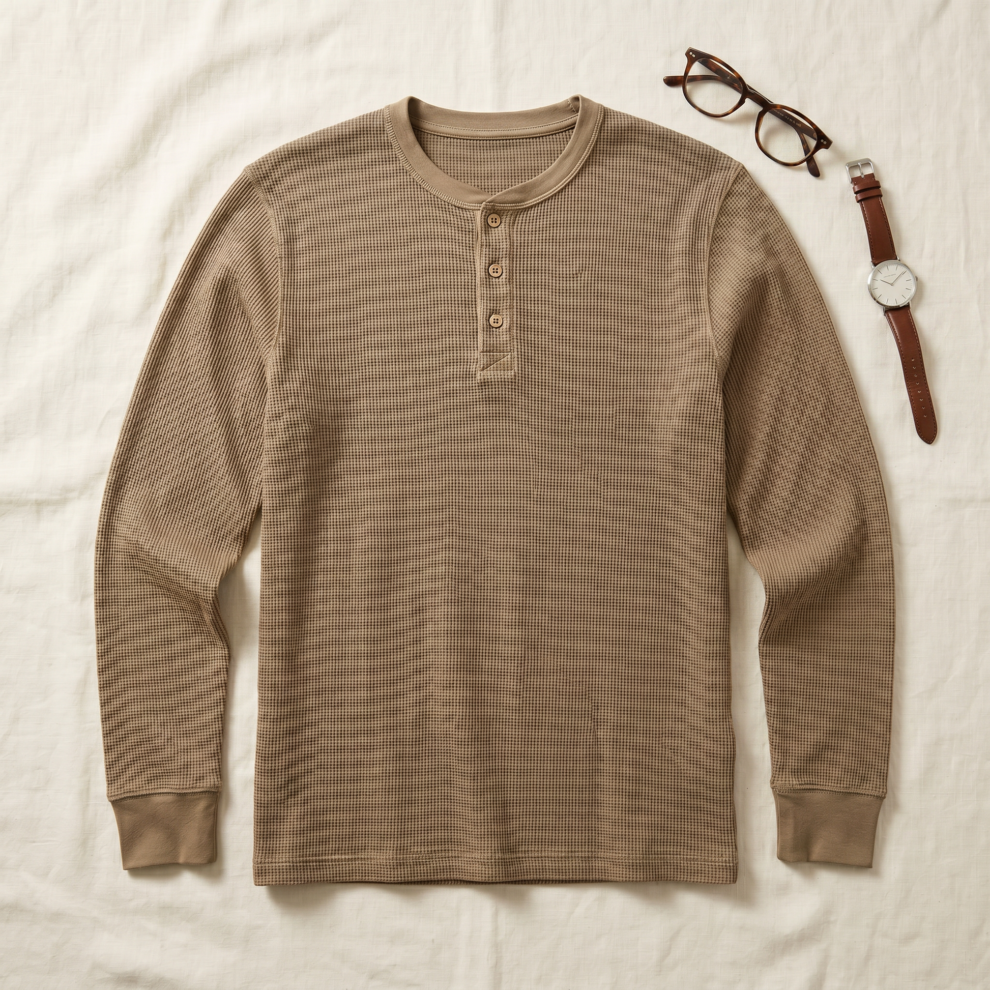 Hayes Waffle Henley - styled flat lay