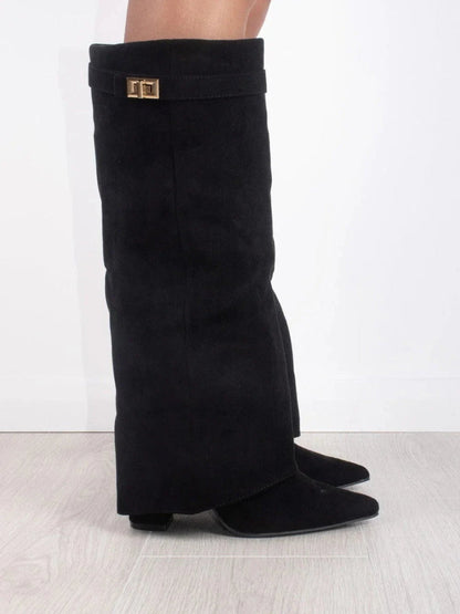 Women’s Suede Fold-Over Boots – Golden Detail